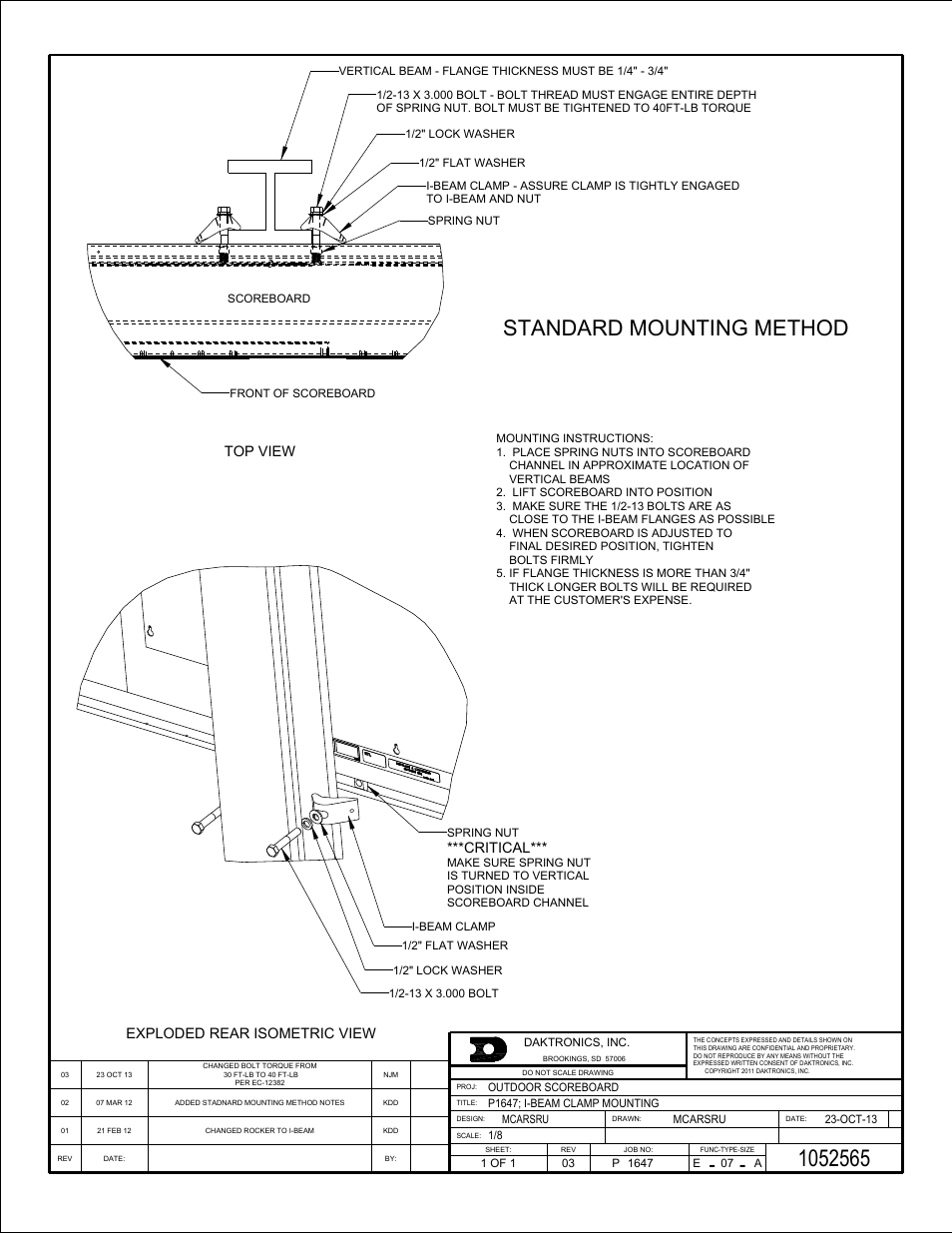 Standard mounting method, Top view, Exploded rear isometric view | Critical | Daktronics FB-2500 Modular LED Football Scoreboard User Manual | Page 47 / 52
