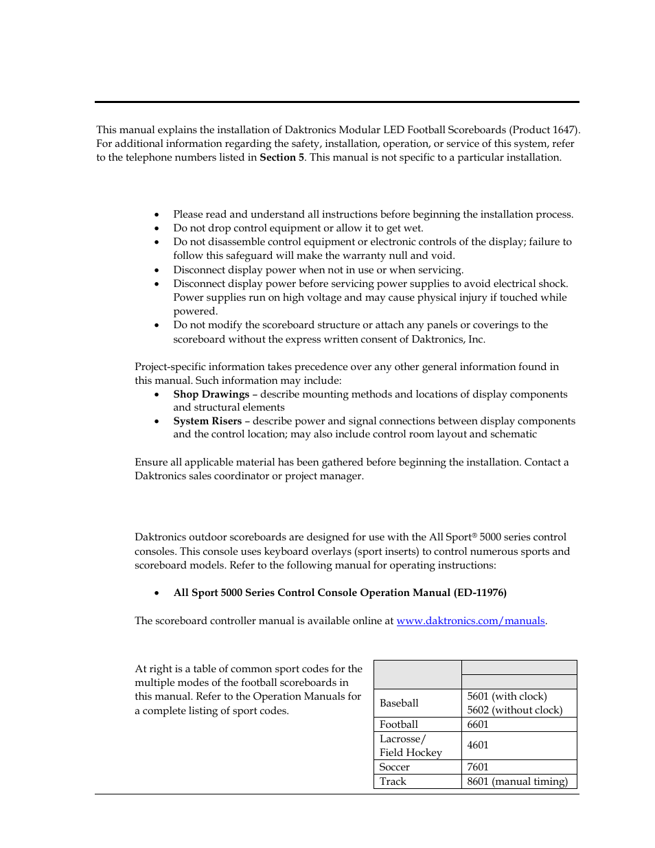 Section 1: introduction, 1 scoreboard controllers, Sport codes | Section 1, Introduction, Scoreboard controllers | Daktronics FB-2500 Modular LED Football Scoreboard User Manual | Page 7 / 52