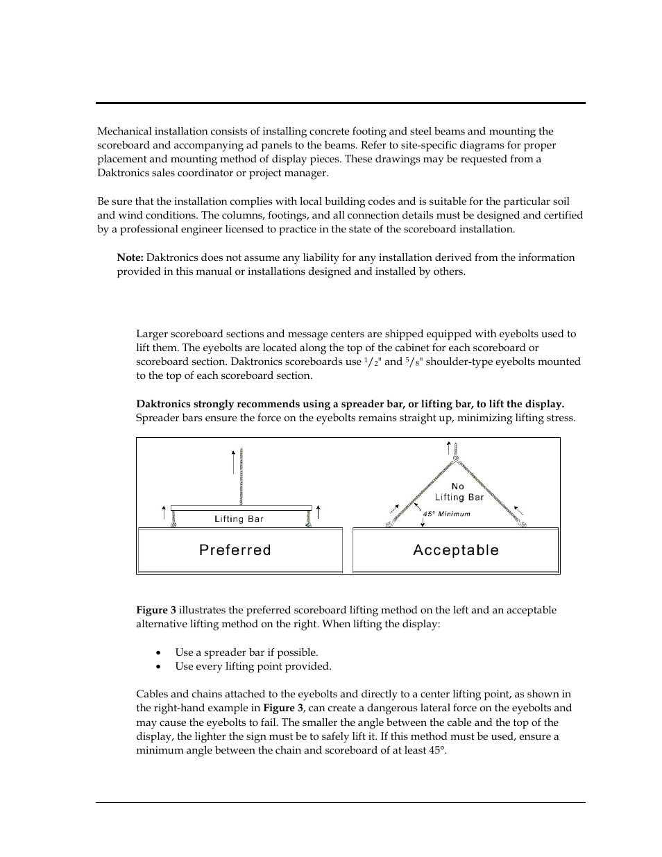 Section 2: mechanical installation, 1 lifting the scoreboard, Section 2 | Mechanical installation, Lifting the scoreboard | Daktronics FB-2500 Modular LED Football Scoreboard User Manual | Page 9 / 52