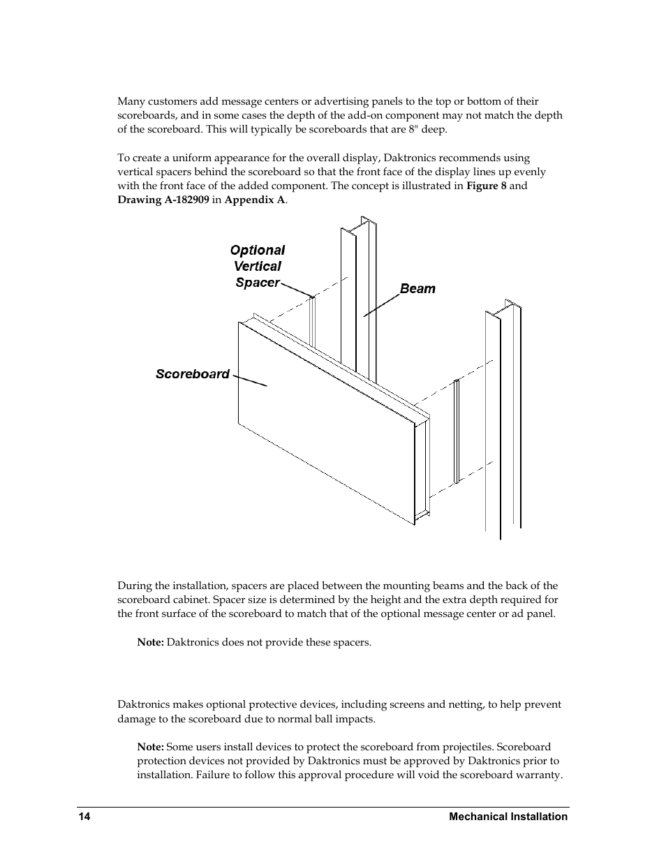 Scoreboard mounting using vertical spacers, 4 scoreboard protective devices, Scoreboard protective devices | Daktronics BA-1518 Multi-Section Outdoor LED Scoreboard User Manual | Page 20 / 134