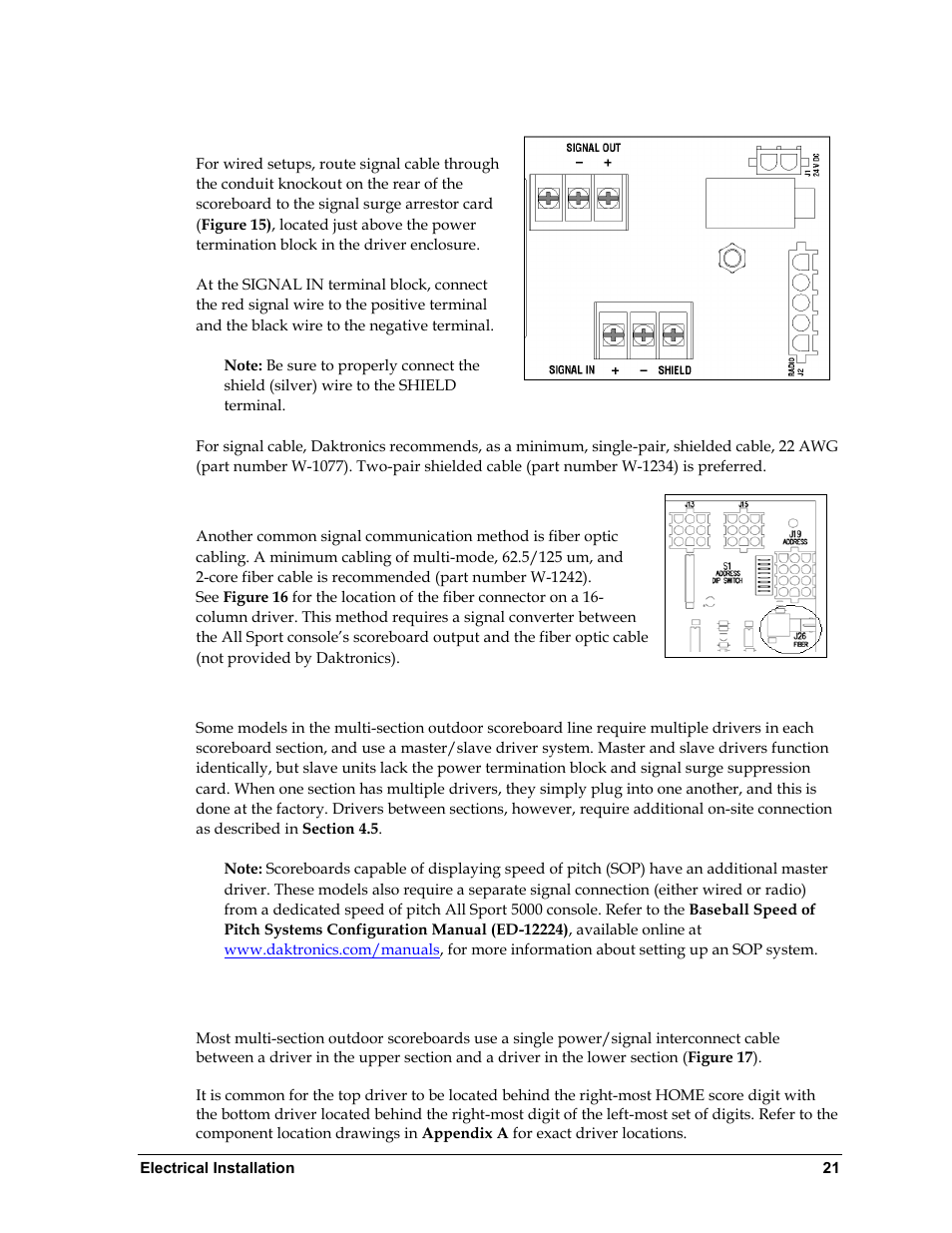 4 signal connection, Fiber optic, Multiple driver connections | 5 power/signal connections between sections, Signal connection, Power/signal connections between sections | Daktronics BA-1518 Multi-Section Outdoor LED Scoreboard User Manual | Page 27 / 134