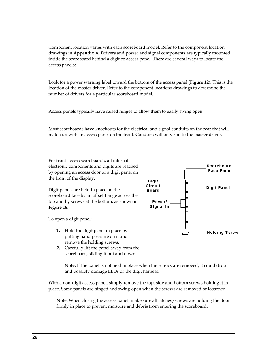 2 component locations, 3 component access, Component locations | Component access, N 5.3 ) | Daktronics BA-1518 Multi-Section Outdoor LED Scoreboard User Manual | Page 32 / 134