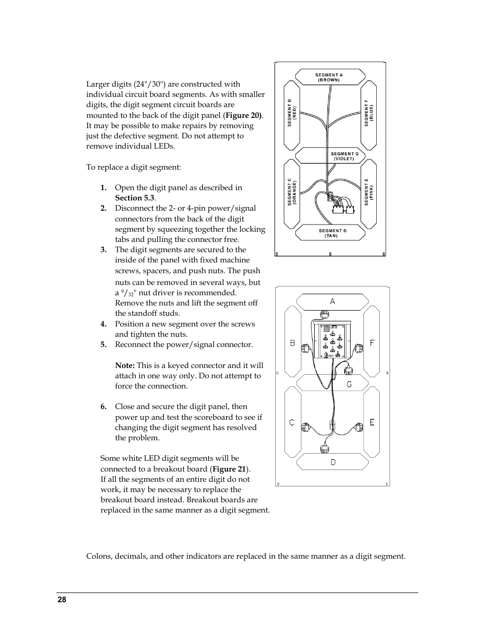 5 replacing digit segments, 6 replacing colons, decimals & indicators, Replacing digit segments | Replacing colons, decimals & indicators | Daktronics BA-1518 Multi-Section Outdoor LED Scoreboard User Manual | Page 34 / 134
