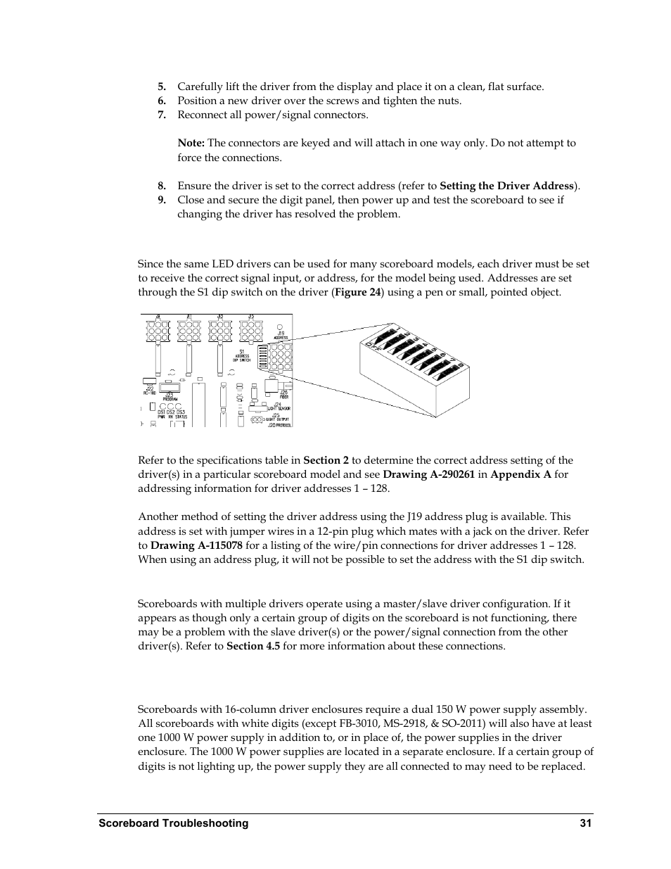 Setting the driver address, Multiple drivers, 8 power supplies | Power supplies, N 5.8 ) | Daktronics BA-1518 Multi-Section Outdoor LED Scoreboard User Manual | Page 37 / 134