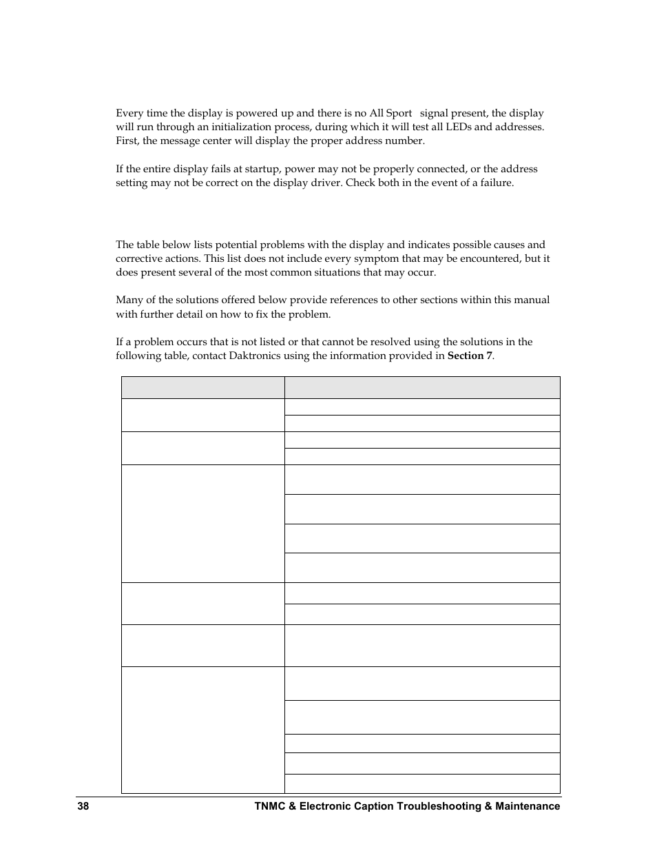 2 initialization information at startup, 3 display troubleshooting table, Initialization information at startup | Display troubleshooting table | Daktronics BA-1518 Multi-Section Outdoor LED Scoreboard User Manual | Page 44 / 134
