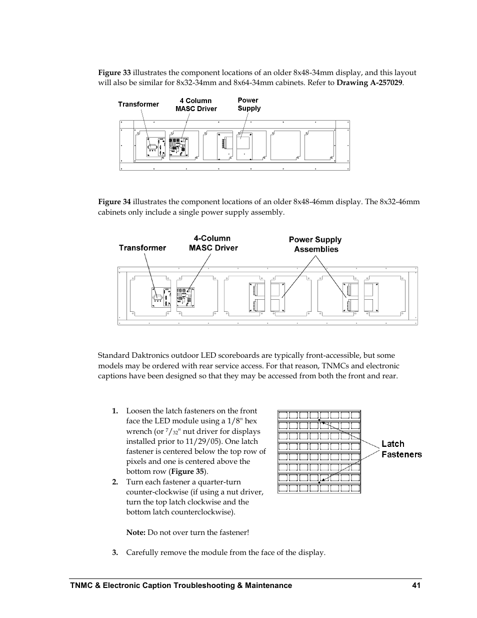 For displays built before september 2009, Front access | Daktronics BA-1518 Multi-Section Outdoor LED Scoreboard User Manual | Page 47 / 134