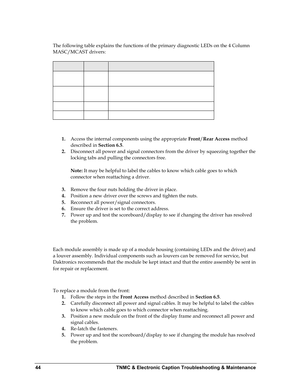 Diagnostic leds, Replacing a driver, 7 modules | Replacing modules, Modules, N 6.7), N 6.7 ) | Daktronics BA-1518 Multi-Section Outdoor LED Scoreboard User Manual | Page 50 / 134