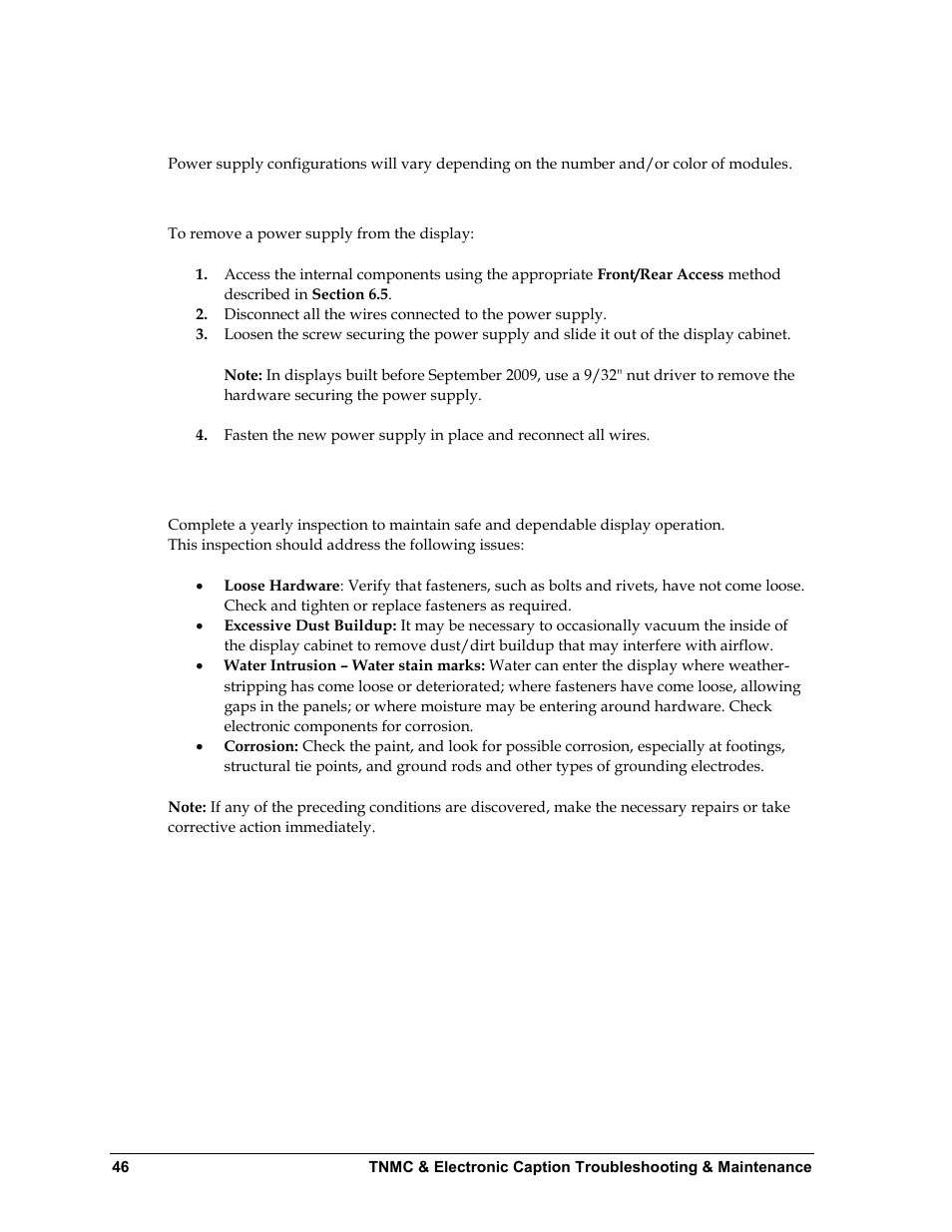 8 power supplies, Replacing a power supply, 9 display maintenance | Power supplies, Display maintenance, N 6.8 ) | Daktronics BA-1518 Multi-Section Outdoor LED Scoreboard User Manual | Page 52 / 134
