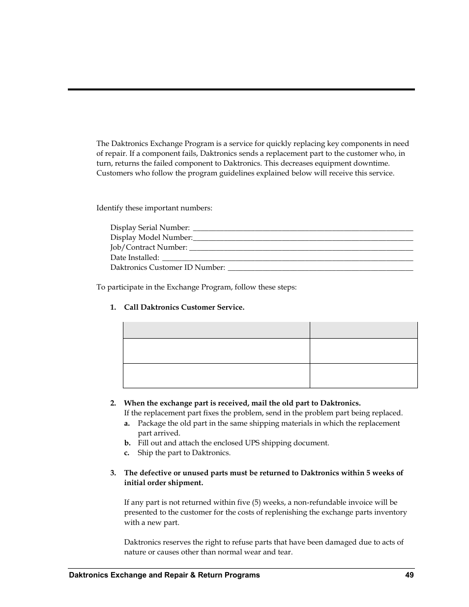 1 exchange program, Before contacting daktronics, Section 7 | Daktronics exchange and repair & return programs, Exchange program | Daktronics BA-1518 Multi-Section Outdoor LED Scoreboard User Manual | Page 55 / 134