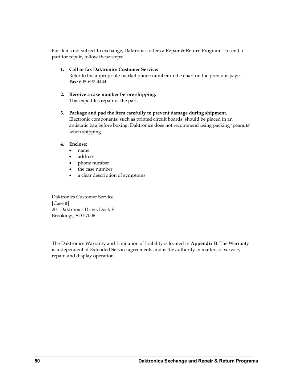 2 repair & return program, Shipping address, 3 daktronics warranty and limitation of liability | Repair & return program, Daktronics warranty and limitation of liability | Daktronics BA-1518 Multi-Section Outdoor LED Scoreboard User Manual | Page 56 / 134