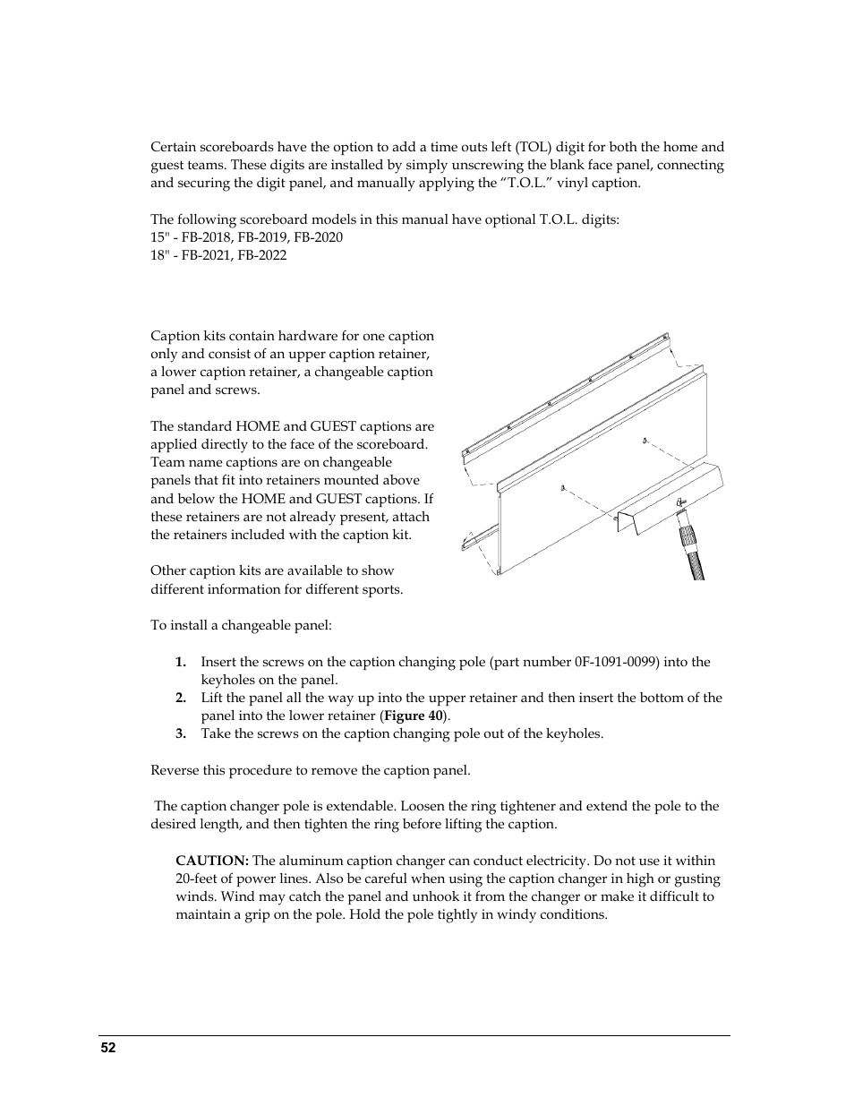 3 time outs left (t.o.l) digits, 4 changeable caption kits, Time outs left (t.o.l) digits | Changeable caption kits | Daktronics BA-1518 Multi-Section Outdoor LED Scoreboard User Manual | Page 58 / 134