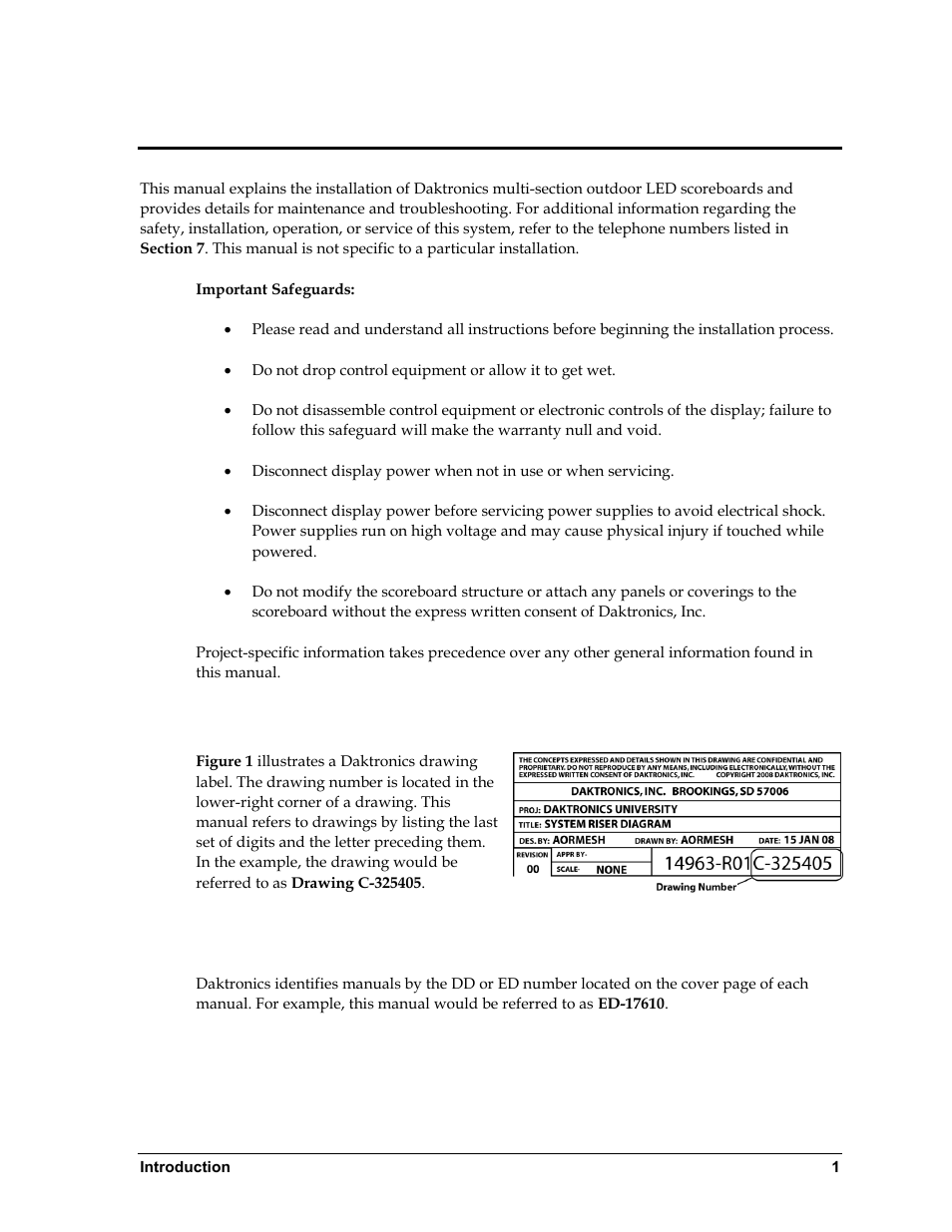 Section 1: introduction, 1 resources, Section 1 | Introduction, Resources | Daktronics BA-1518 Multi-Section Outdoor LED Scoreboard User Manual | Page 7 / 134