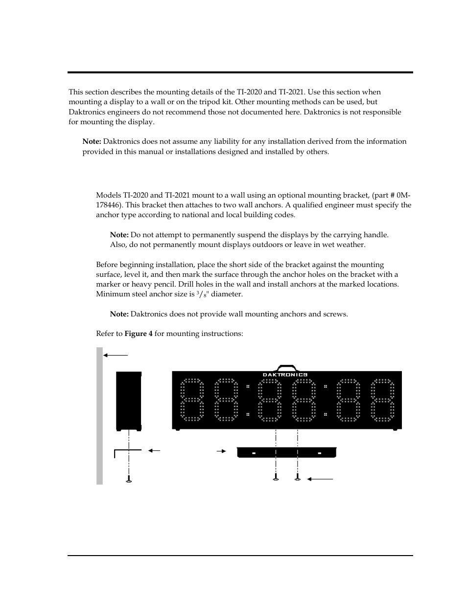 Section 3: mechanical installation, 1 wall mounting, Section 3 | Mechanical installation, Wall mounting | Daktronics TI-2020 Multipurpose Track & Field LED Timing Display User Manual | Page 13 / 50