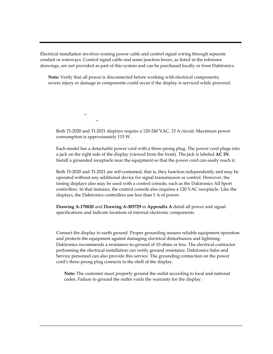 Section 4: electrical installation, 1 power, Grounding | Section 4, Electrical installation, Power | Daktronics TI-2020 Multipurpose Track & Field LED Timing Display User Manual | Page 17 / 50