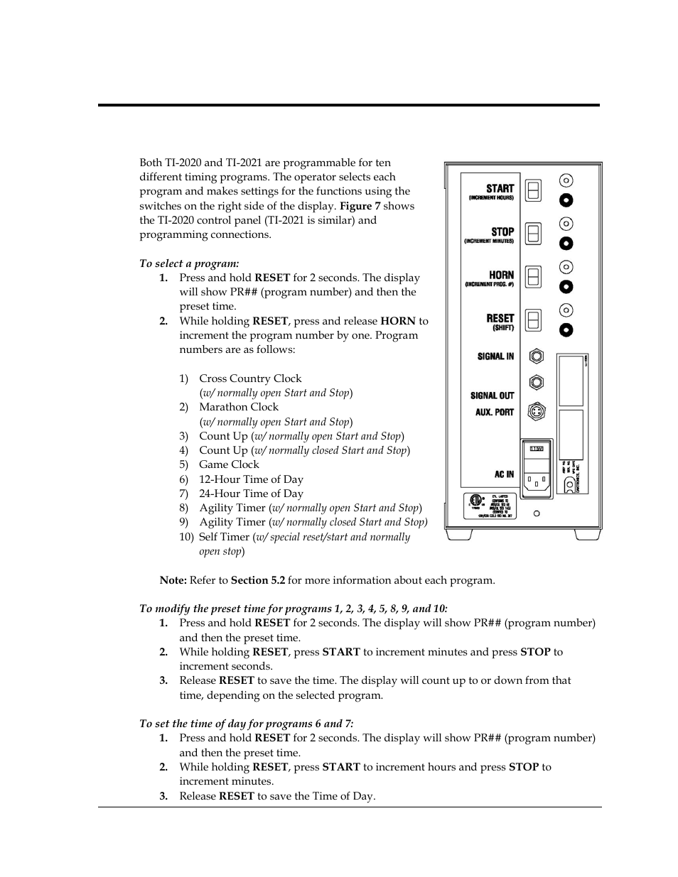 Section 5: controls & timing functions, 1 program selection, Section 5 | Controls & timing functions, Program selection | Daktronics TI-2020 Multipurpose Track & Field LED Timing Display User Manual | Page 19 / 50