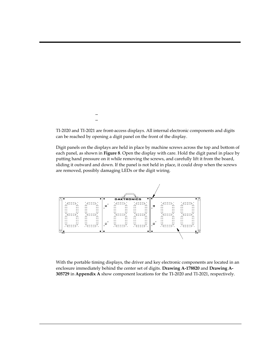 Section 6: display maintenance, 1 component location & access, Section 6 | Display maintenance, Component location & access | Daktronics TI-2020 Multipurpose Track & Field LED Timing Display User Manual | Page 25 / 50