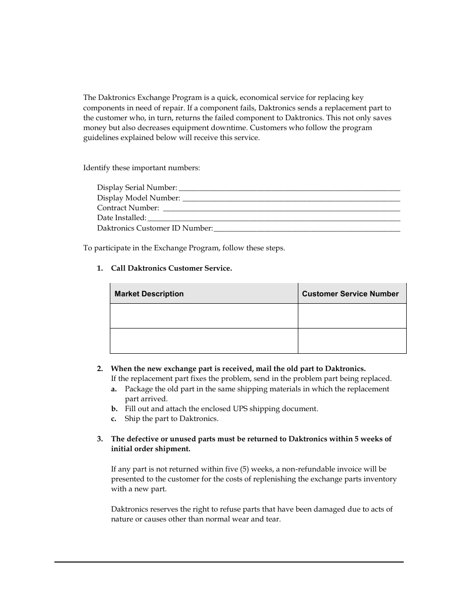 8 daktronics exchange and repair & return programs, Exchange program, Before contacting daktronics | Daktronics exchange and repair & return programs | Daktronics TI-2020 Multipurpose Track & Field LED Timing Display User Manual | Page 32 / 50