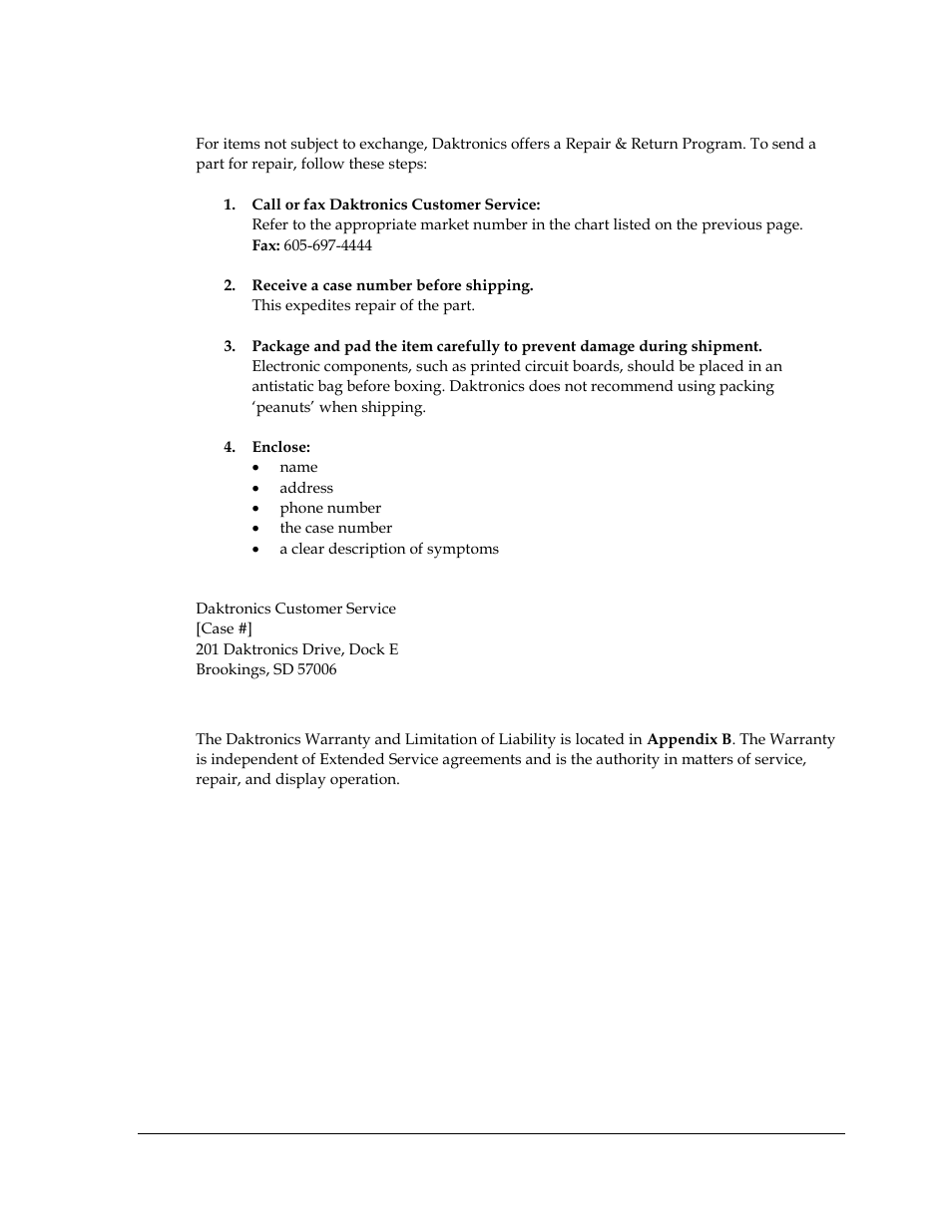 Repair & return program, Shipping address, Daktronics warranty and limitation of liability | Daktronics TI-2020 Multipurpose Track & Field LED Timing Display User Manual | Page 33 / 50