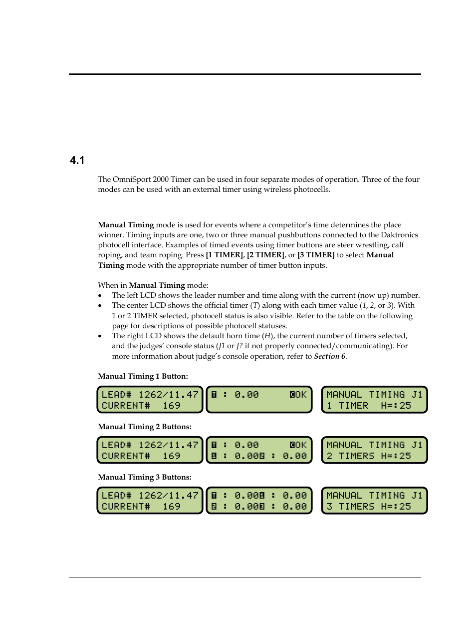 Section 4: rodeo timer operations, 1 general rodeo timer information, Manual timing mode | Section 4, Rodeo timer operations, General rodeo timer information | Daktronics 2000 Rodeo OmniSport User Manual | Page 29 / 72