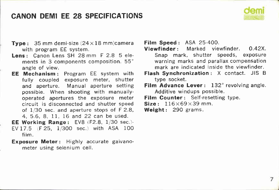 Features of canon demi ee 28 | Canon EE28 User Manual | Page 7 / 37