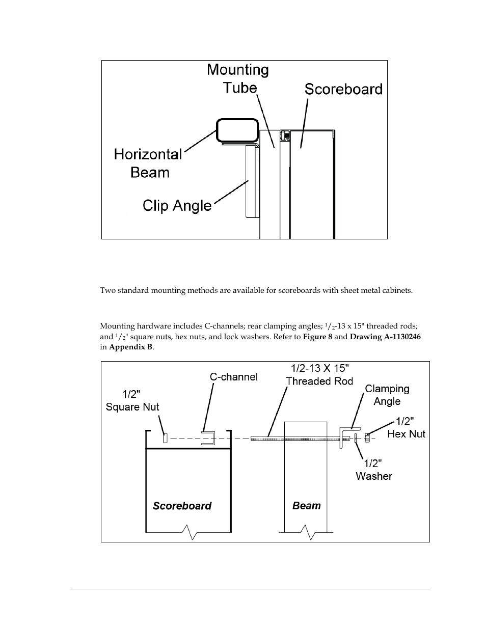 3 sheet metal scoreboard mounting, Clamping angles, Sheet metal scoreboard mounting | Daktronics Outdoor LED Scoreboards Installation User Manual | Page 13 / 58