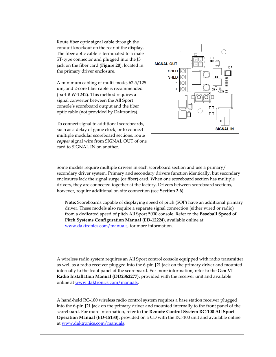 Fiber optic signal, Multiple driver connections, 5 wireless signal connection | All sport control, Rc-100 control, Wireless signal connection | Daktronics Outdoor LED Scoreboards Installation User Manual | Page 25 / 58