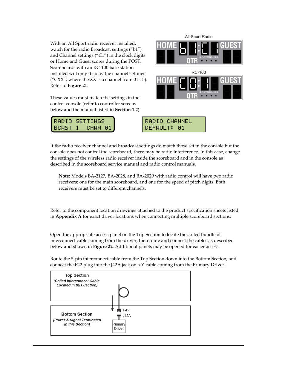 Radio settings, 6 power/signal connections between sections, Two-section models | Power/signal connections between sections, On 3.6 | Daktronics Outdoor LED Scoreboards Installation User Manual | Page 26 / 58