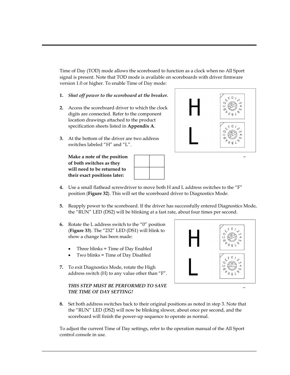 Section 5: scoreboard options, 1 time of day mode, Section 5 | Scoreboard options, Time of day mode | Daktronics Outdoor LED Scoreboards Installation User Manual | Page 35 / 58