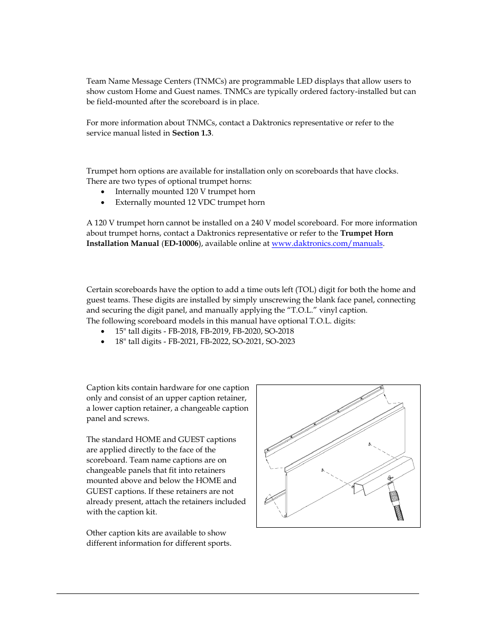 2 team name message centers (tnmcs), 3 trumpet horns, 4 time outs left (t.o.l) digits | 5 changeable caption kits, Team name message centers (tnmcs), Trumpet horns, Time outs left (t.o.l) digits, Changeable caption kits | Daktronics Outdoor LED Scoreboards Installation User Manual | Page 36 / 58