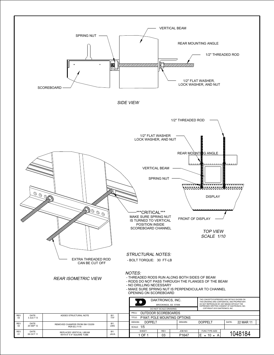 Side view, Top view scale 1/10, Critical | Rear isometric view | Daktronics Outdoor LED Scoreboards Installation User Manual | Page 46 / 58