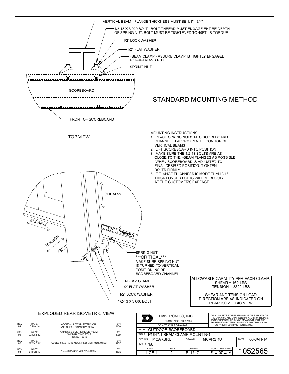 Standard mounting method, Top view, Exploded rear isometric view | Critical | Daktronics Outdoor LED Scoreboards Installation User Manual | Page 50 / 58