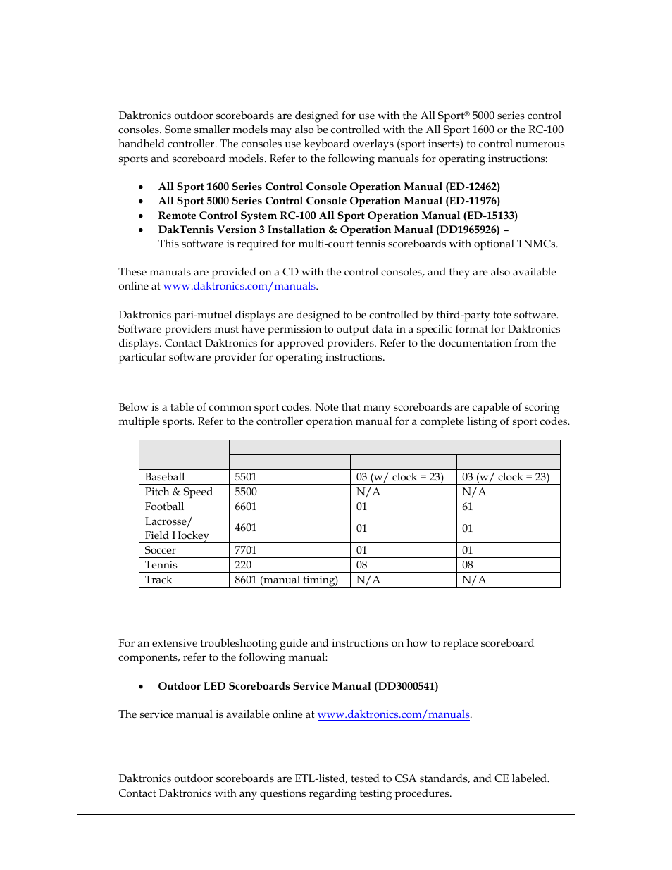 2 scoreboard controllers, Sport codes, 3 troubleshooting | 4 product safety approval, Scoreboard controllers, Troubleshooting, Product safety approval | Daktronics Outdoor LED Scoreboards Installation User Manual | Page 8 / 58