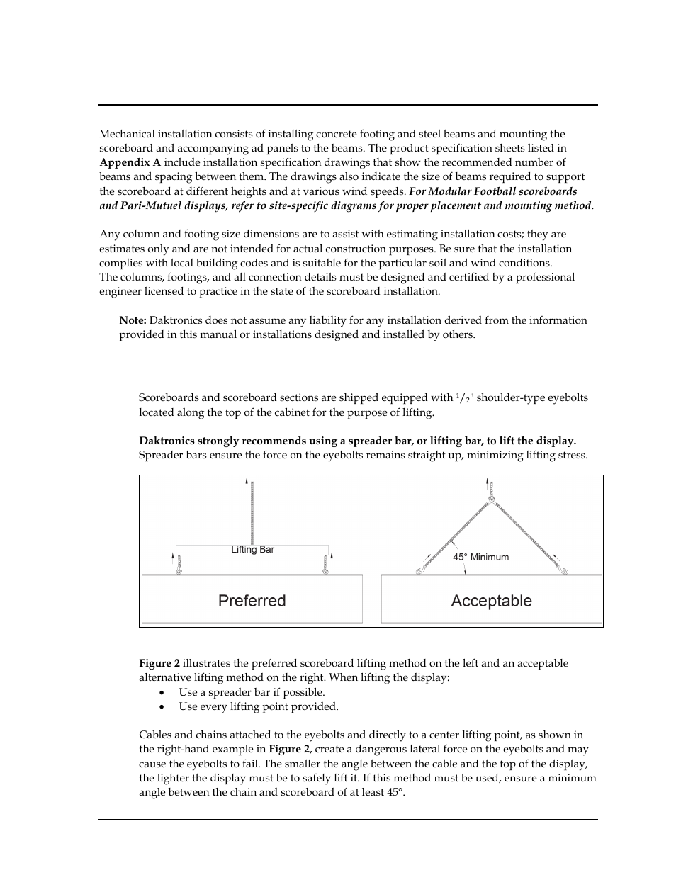 Section 2: mechanical installation, 1 lifting the scoreboard, Section 2 | Mechanical installation, Lifting the scoreboard | Daktronics Outdoor LED Scoreboards Installation User Manual | Page 9 / 58