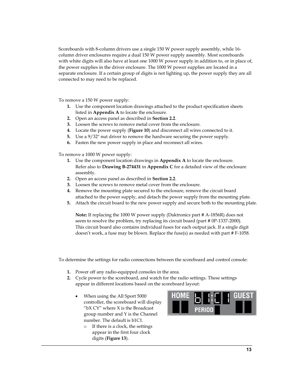7 power supplies, Replacing a power supply, 8 radio connections | Power supplies, Radio connections, N 2.8 ), N 2.7 ) | Daktronics Outdoor LED Scoreboards Service Manual User Manual | Page 19 / 52