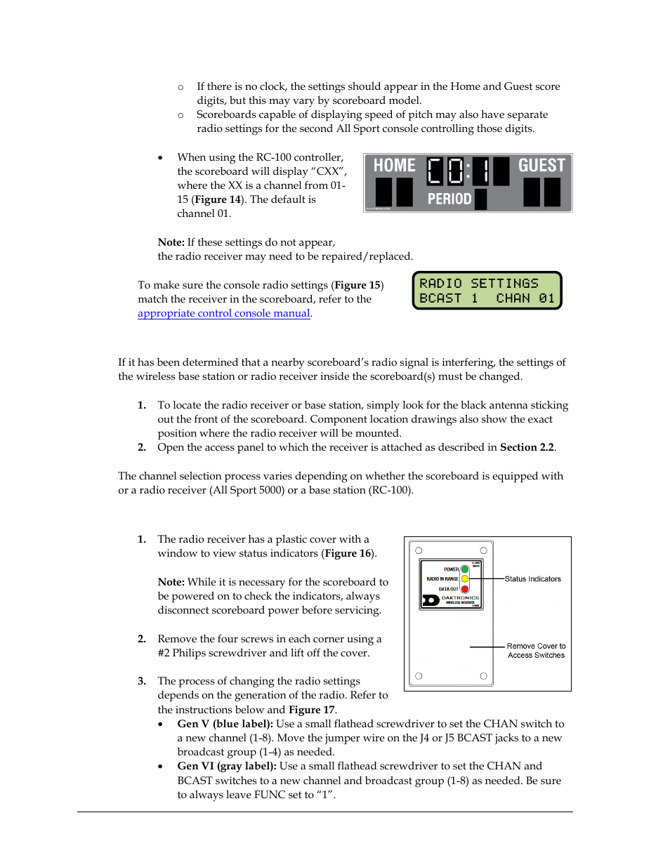 Radio interference, Radio receiver (all sport 5000) | Daktronics Outdoor LED Scoreboards Service Manual User Manual | Page 20 / 52