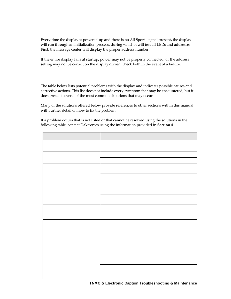 2 initialization information at startup, 3 display troubleshooting table, Initialization information at startup | Display troubleshooting table | Daktronics Outdoor LED Scoreboards Service Manual User Manual | Page 26 / 52