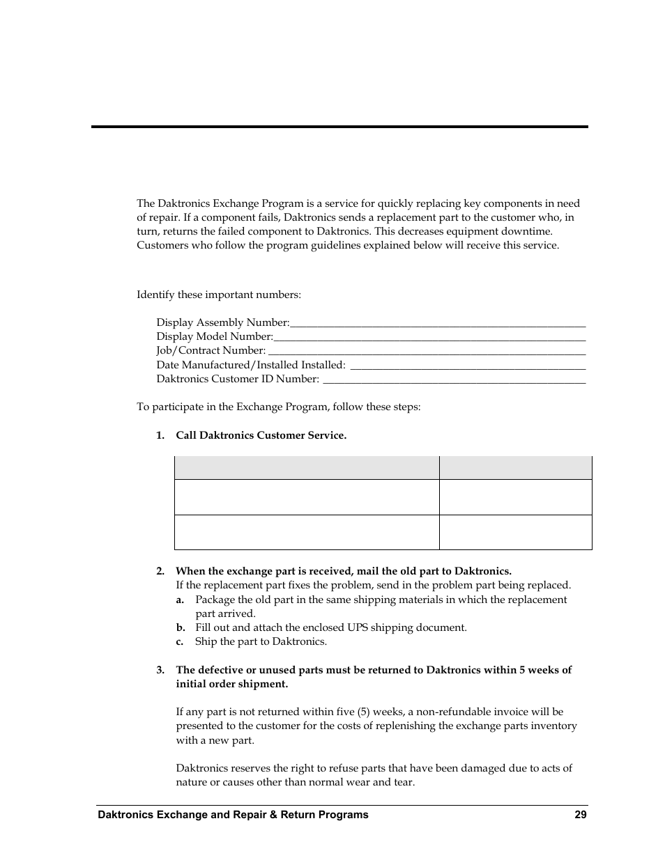 1 exchange program, Before contacting daktronics, Section 4 | Daktronics exchange and repair & return programs, Exchange program | Daktronics Outdoor LED Scoreboards Service Manual User Manual | Page 35 / 52