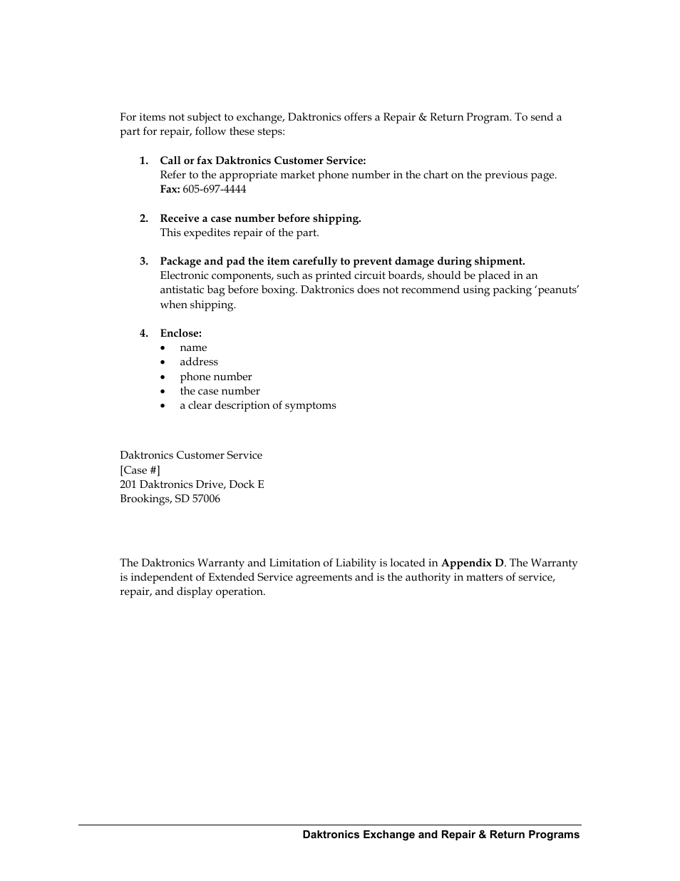 2 repair & return program, Shipping address, 3 daktronics warranty and limitation of liability | Repair & return program, Daktronics warranty and limitation of liability | Daktronics Outdoor LED Scoreboards Service Manual User Manual | Page 36 / 52