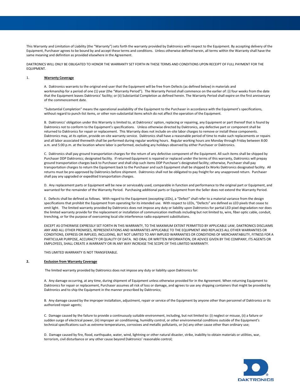 Daktronics warranty & limitation of liability | Daktronics Outdoor LED Scoreboards Service Manual User Manual | Page 51 / 52