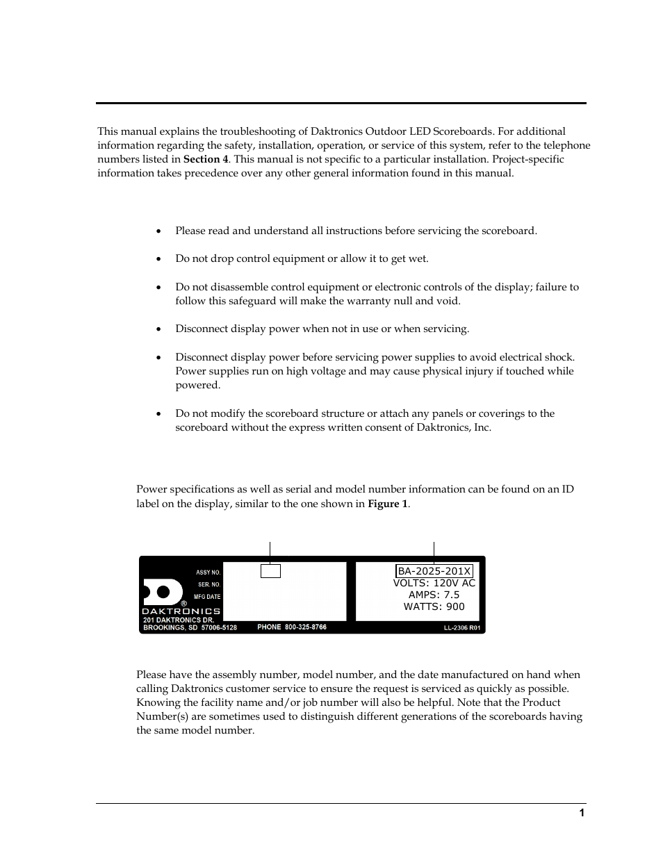 Section 1: introduction, 1 specifications label, Section 1 | Introduction, Specifications label | Daktronics Outdoor LED Scoreboards Service Manual User Manual | Page 7 / 52