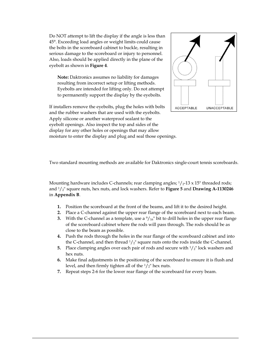 2 single-court scoreboard mounting, Clamping angles, Single-court scoreboard mounting | Daktronics TN-2601 Outdoor LED Tennis Scoreboard User Manual | Page 10 / 50