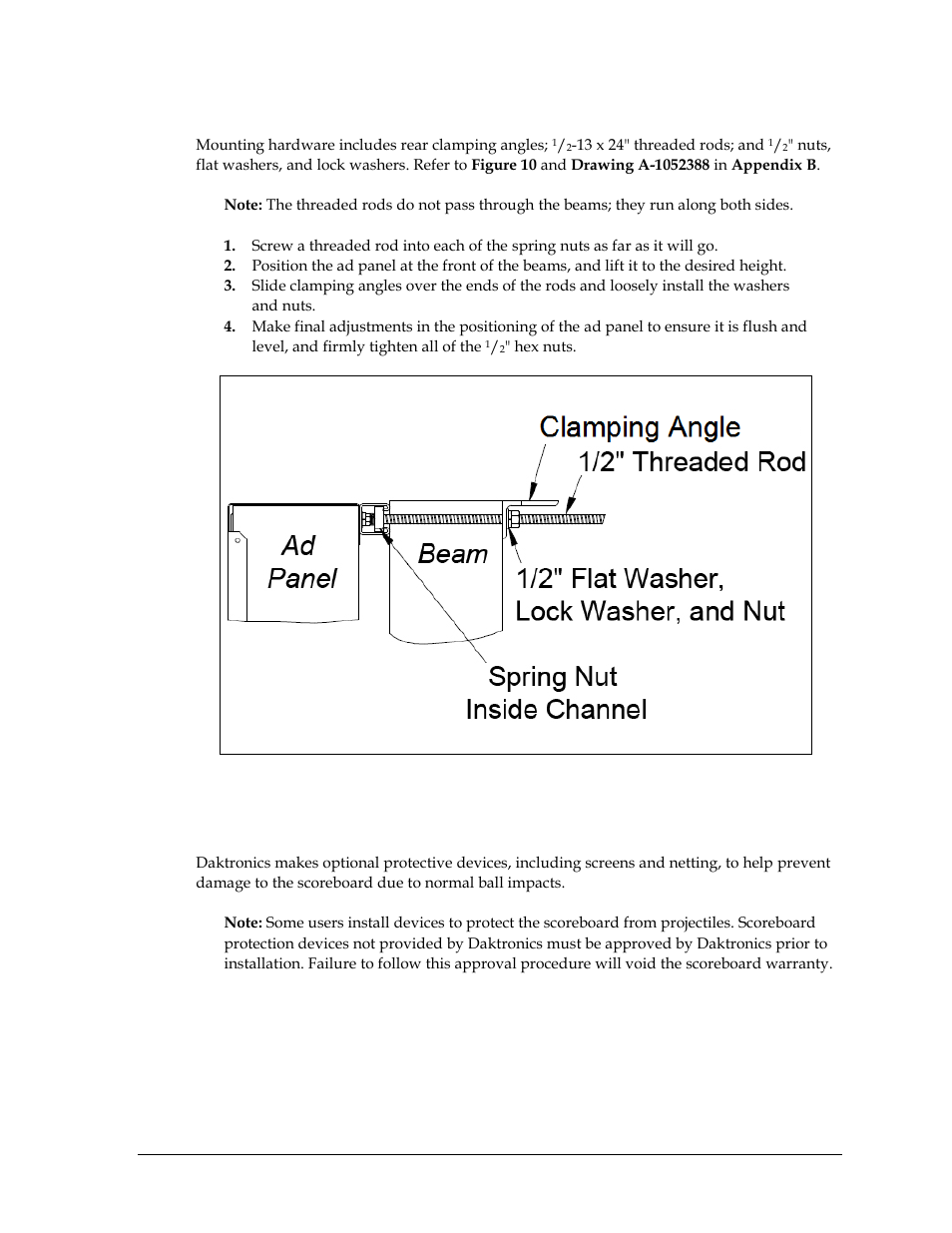 4 scoreboard protective devices, Scoreboard protective devices, Clamping angles | Daktronics P1647 Multi-Section Outdoor LED Scoreboard User Manual | Page 15 / 44