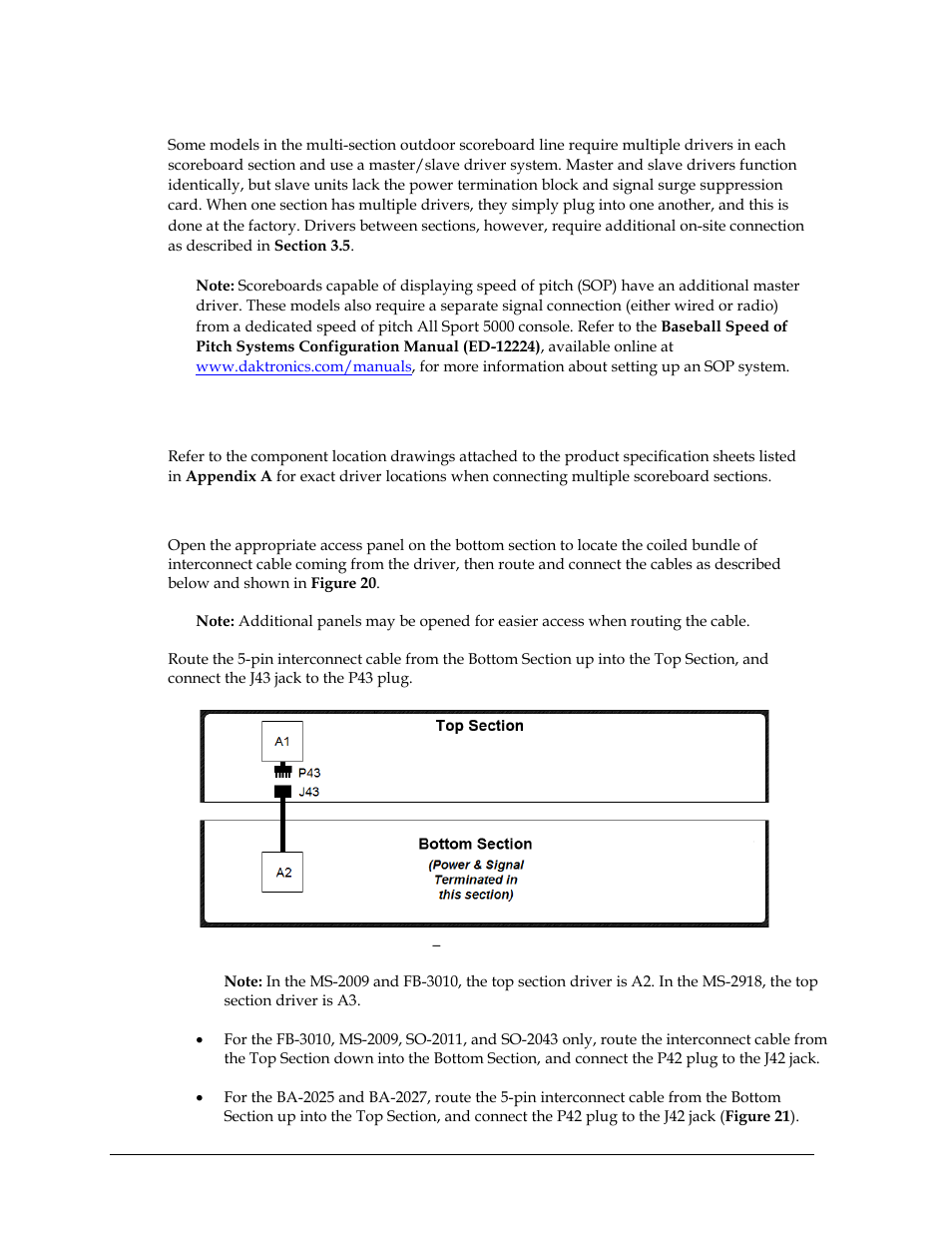 Multiple driver connections, 5 power/signal connections between sections, Two-section models | Power/signal connections between sections | Daktronics P1647 Multi-Section Outdoor LED Scoreboard User Manual | Page 22 / 44