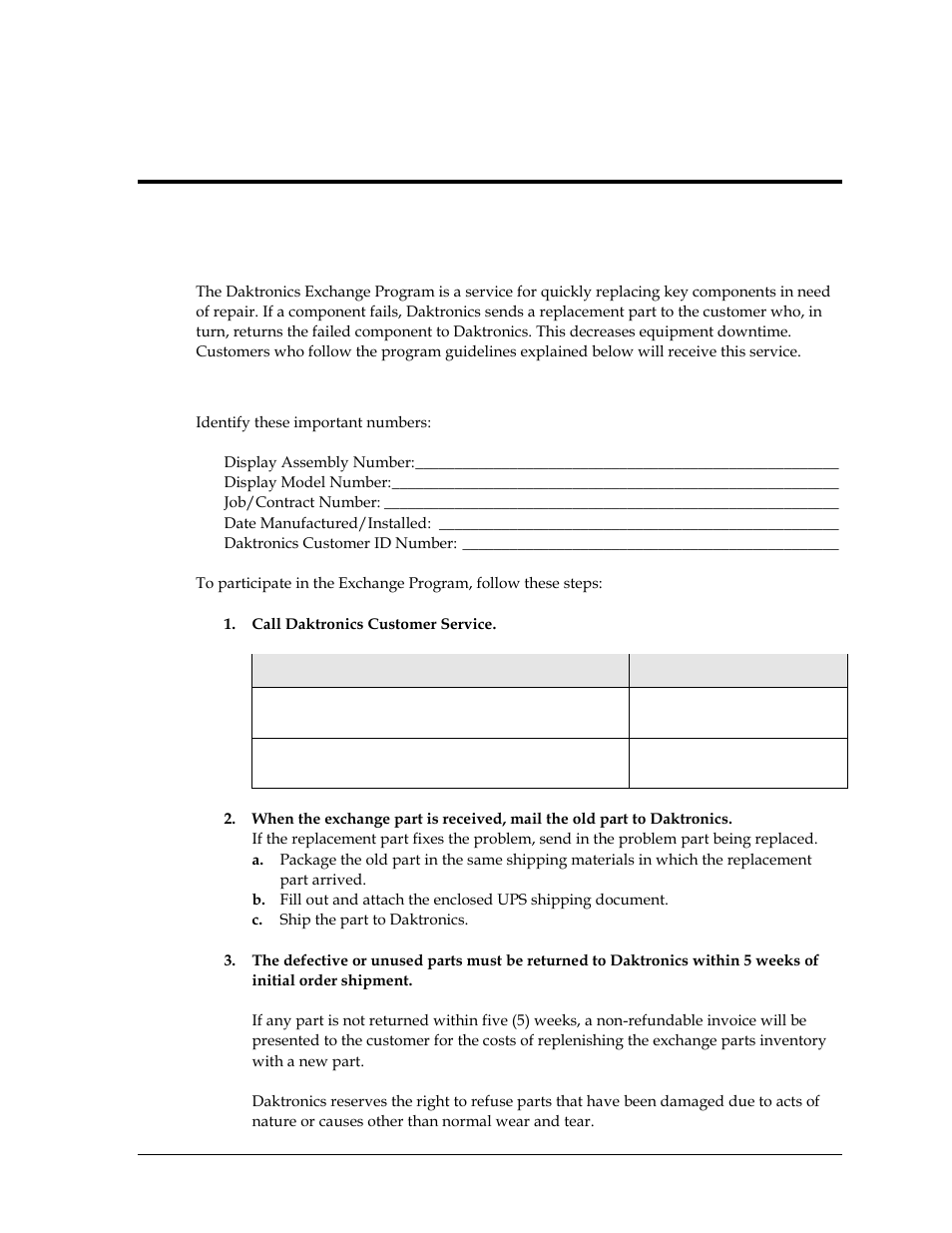 1 exchange program, Before contacting daktronics, Section 4 | Daktronics exchange and repair & return programs, Exchange program | Daktronics P1647 Multi-Section Outdoor LED Scoreboard User Manual | Page 27 / 44