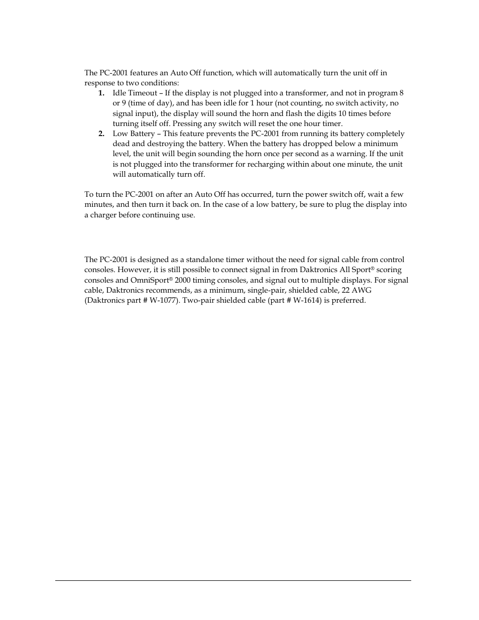 Auto off, 2 signal, Signal | Daktronics PC-2001 Pace Clock System User Manual | Page 14 / 40