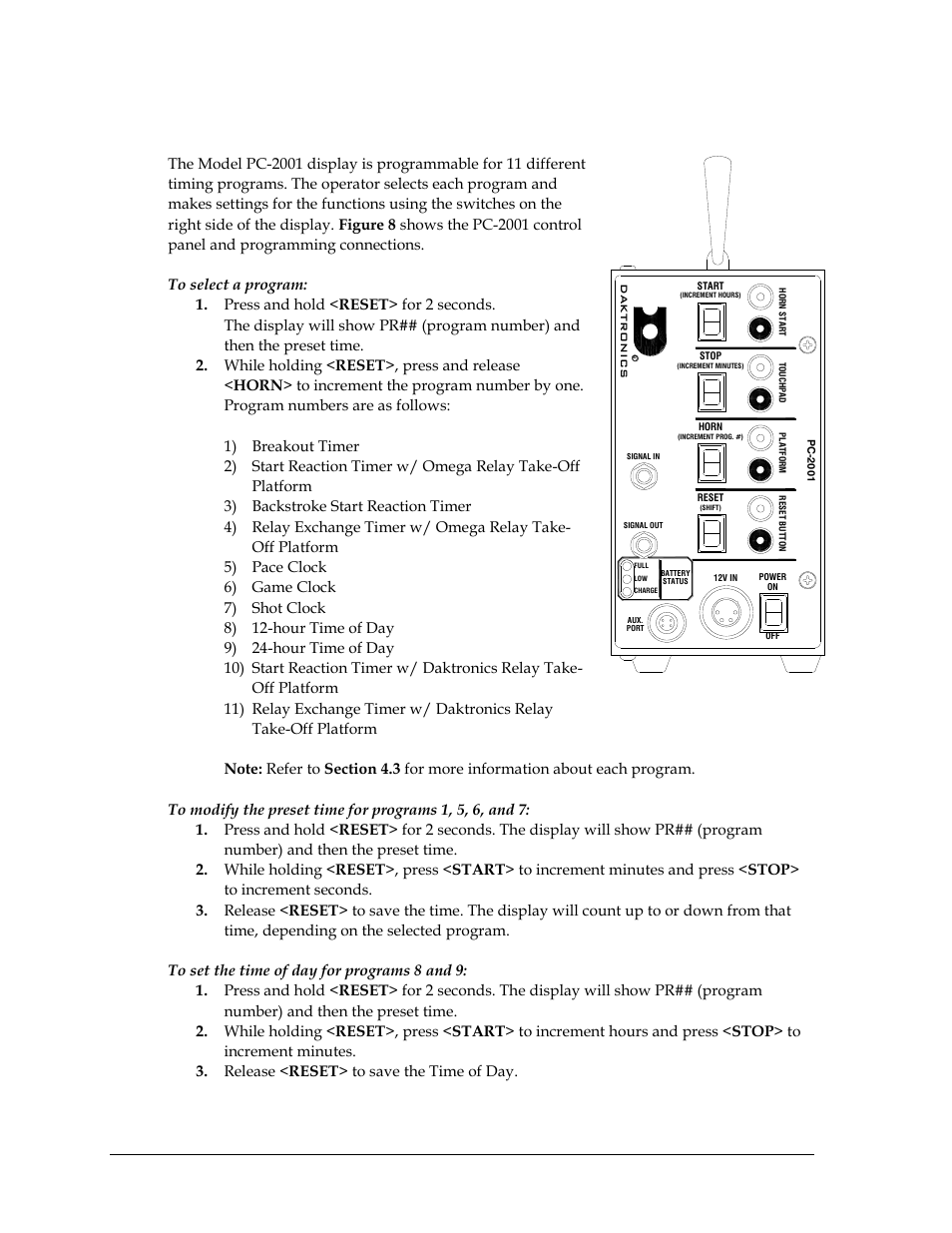 2 program selection, Program selection | Daktronics PC-2001 Pace Clock System User Manual | Page 16 / 40