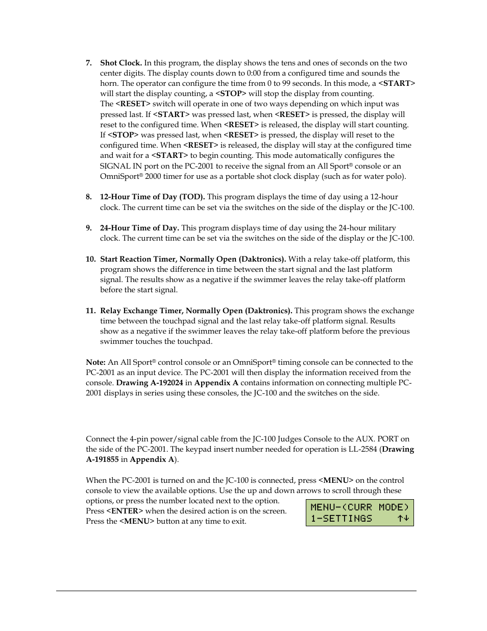 4 jc-100 console operation, Jc-100 console operation | Daktronics PC-2001 Pace Clock System User Manual | Page 18 / 40