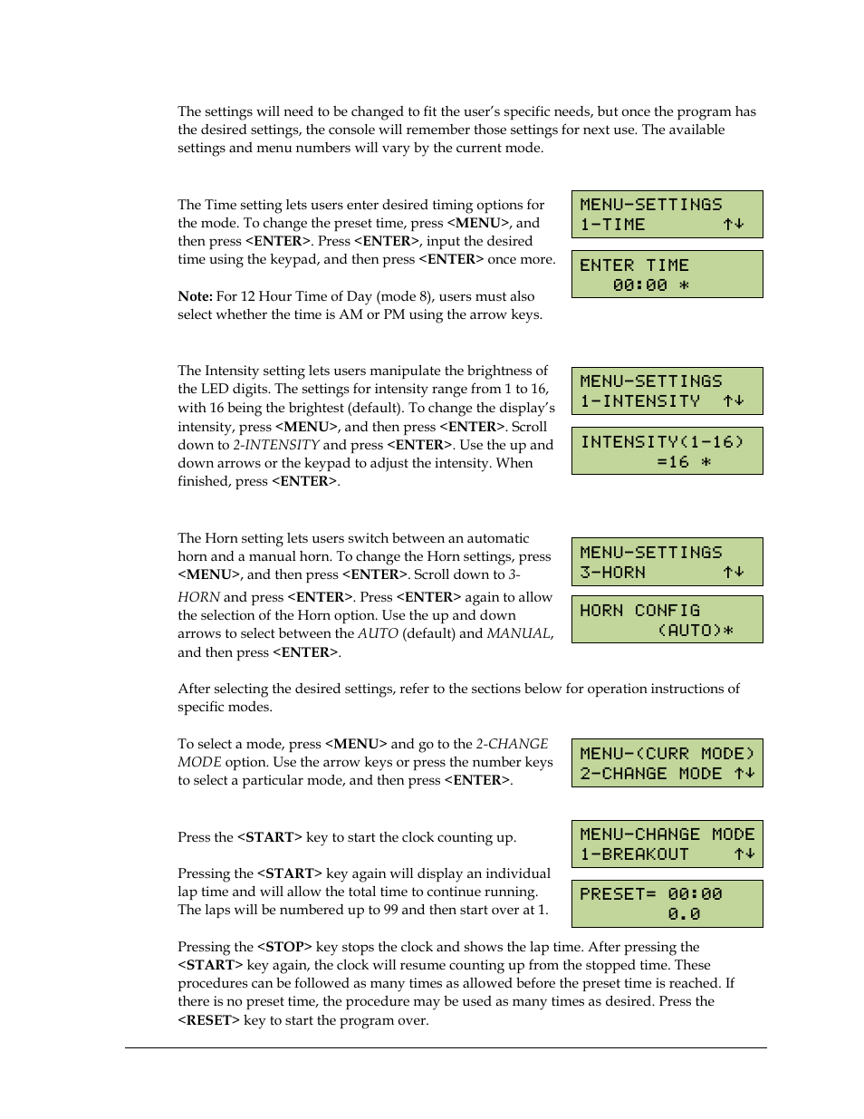 Time, Intensity, Horn | Mode #1: breakout | Daktronics PC-2001 Pace Clock System User Manual | Page 19 / 40