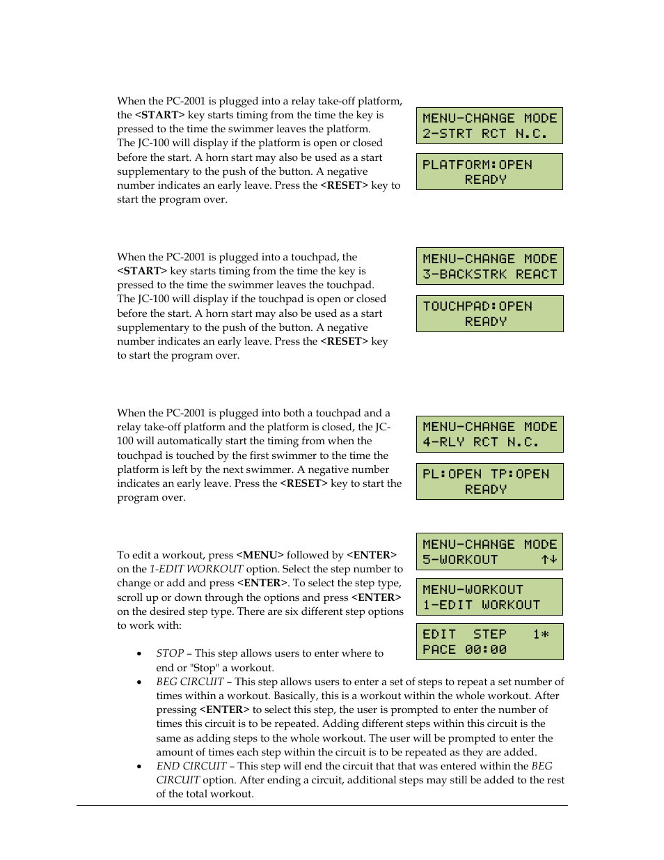 Mode #2: start reaction, normally closed (omega), Mode #3: backstroke reaction, Mode #4: relay reaction, normally closed (omega) | Mode #5: workout | Daktronics PC-2001 Pace Clock System User Manual | Page 20 / 40