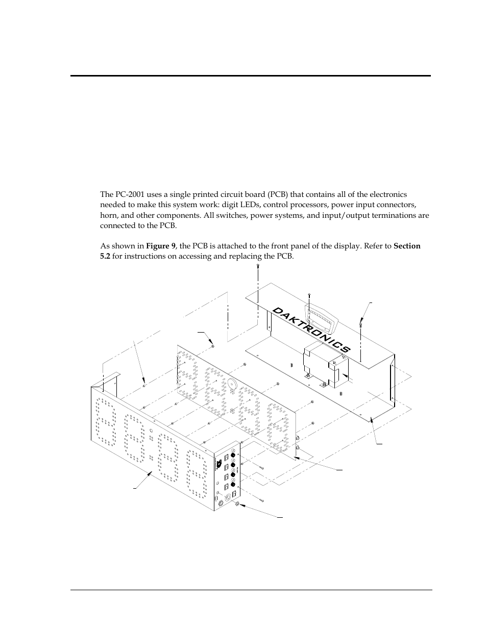Section 5: display maintenance, 1 digit/driver printed circuit board, Section 5 | Display maintenance, Digit/driver printed circuit board | Daktronics PC-2001 Pace Clock System User Manual | Page 25 / 40